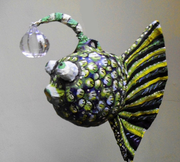 D'Anglerfish Paper Mache Surreal Fantasy hanging sculpture art