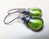 Olivine Czech Glass Oxidized Silver Wire Wrapped Earrings