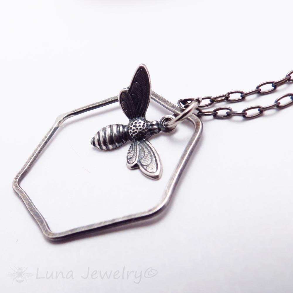 Honeycomb Necklace, Honey Bee Jewelry, Hexagon Geometric Necklace Pendant