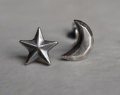 Star and Moon Faceted Sterling Silver Post Earrings