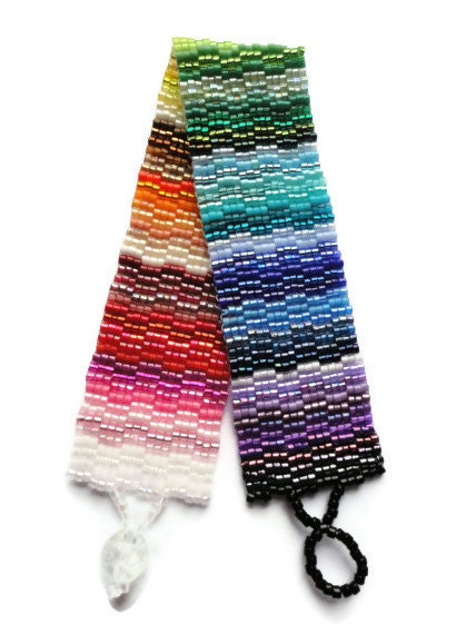 Seed Bead Bracelet, Peyote Stitch, Delica, Rainbow, Colorful, Bright, Fun, Primary, Purple, Blue, Green, Brown, yellow, Orange, Red, Fuchsia