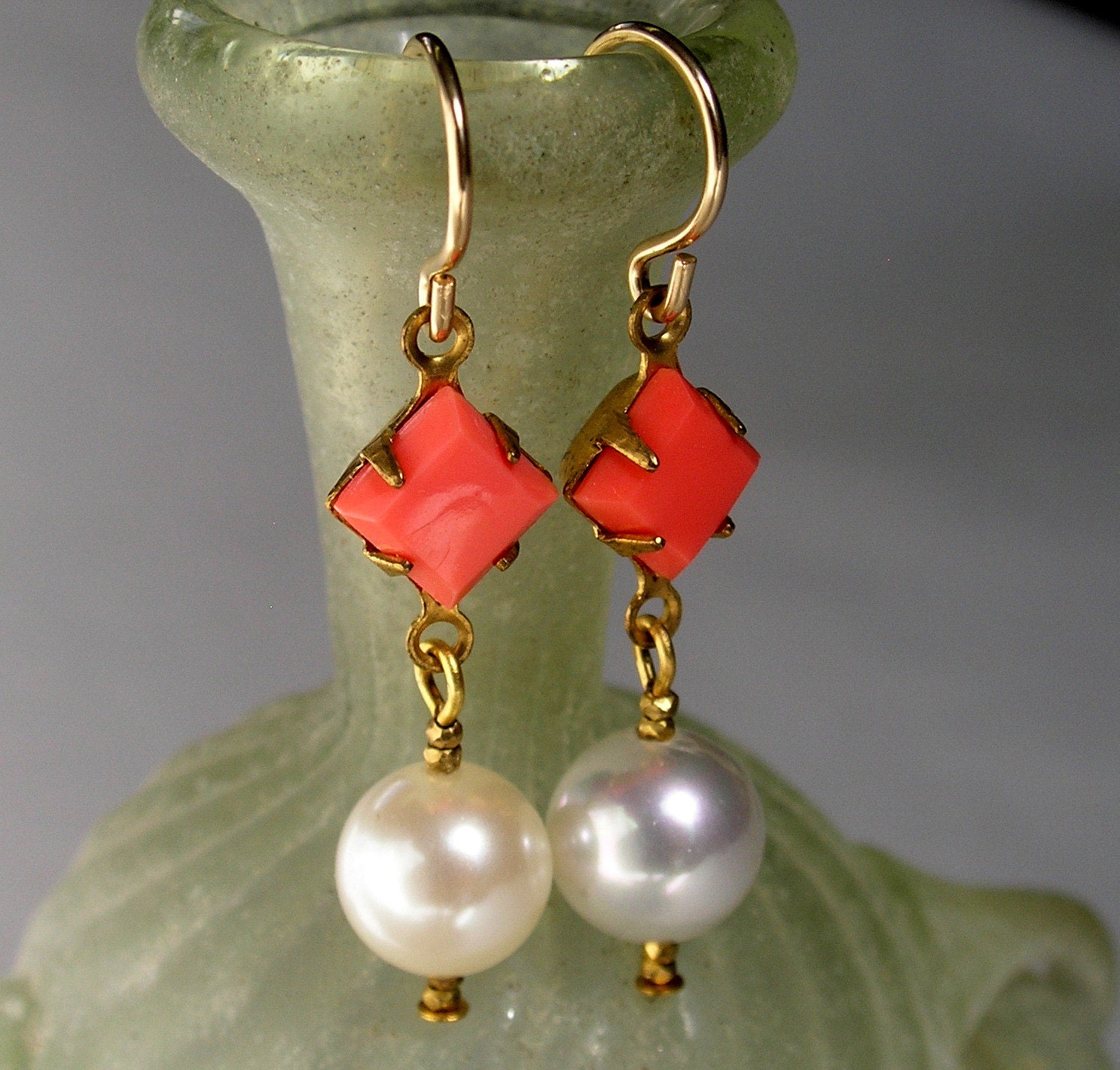 Square Orange Colored Glass and Glass Pearl Bead Dangle Earrings