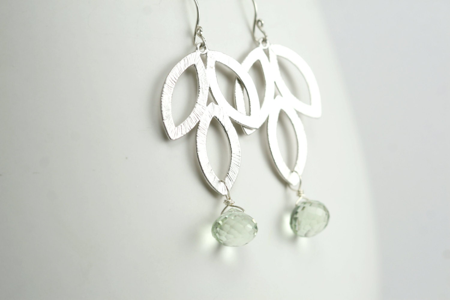 Silver Leaves and Green Amethyst Gemstone Earrings - Custom Gemstone - Simple Nature Inpired Jewelry