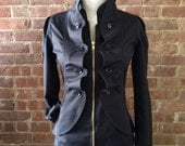 Black Ruffled Zip Up Jacket Blazer, Fitted Cotton, Also in Blue Green, Ruffles Down Front - Jasmine