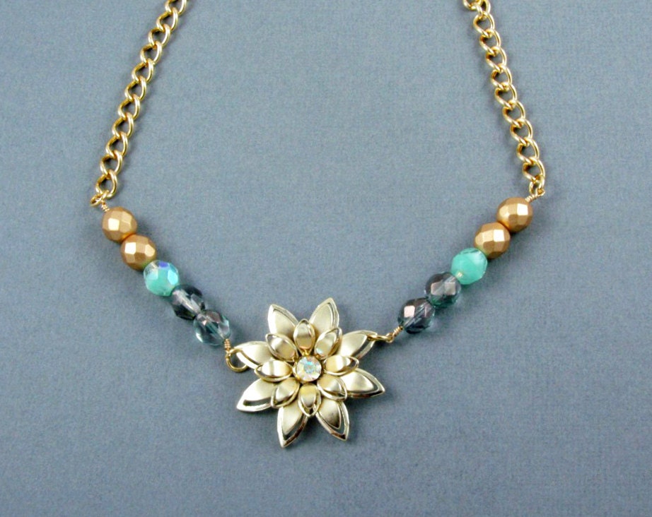 Beaded Flower Necklace Vintage Gold Flower Colorful Strand Necklace Statement Necklace Spring Jewelry Aurora Borealis Gold  - Ella
