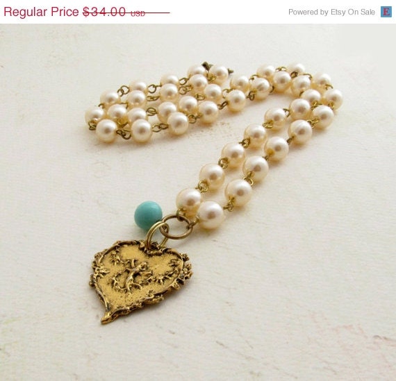 SALE Floral Heart Necklace Pearl Necklace Gold Heart Vintage Cupid Love Spring Wedding Turquoise Statement Necklace - Amour