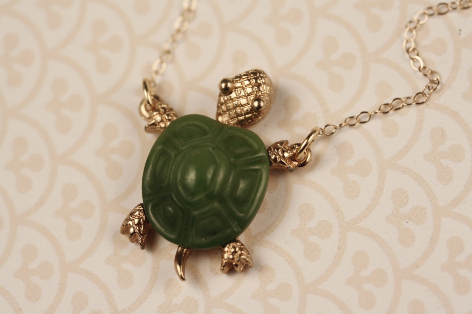 Vintage Green Turtle Necklace, 14kt Gold Filled Chain, Small Pendant, Elite Collectible