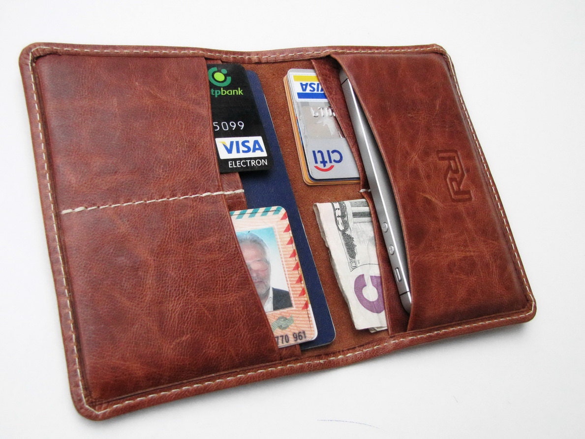 The Best Gift for Father's Day. Personalized iPhone 4 / 5, Passport & Card Case n Wallet in Stone Oiled, Pull Up Mahogany Goatskin.