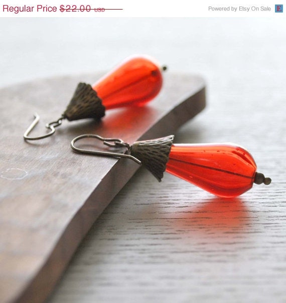 ON SALE Red Teardrop Hollow Glass Earrings