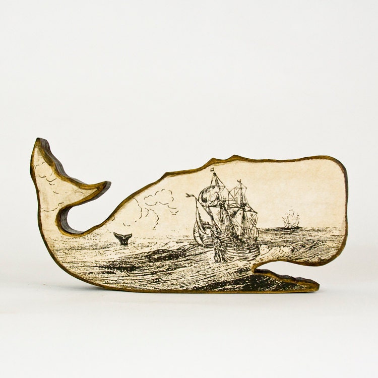 Folk Art Wooden Whale with Vintage Seafaring Image