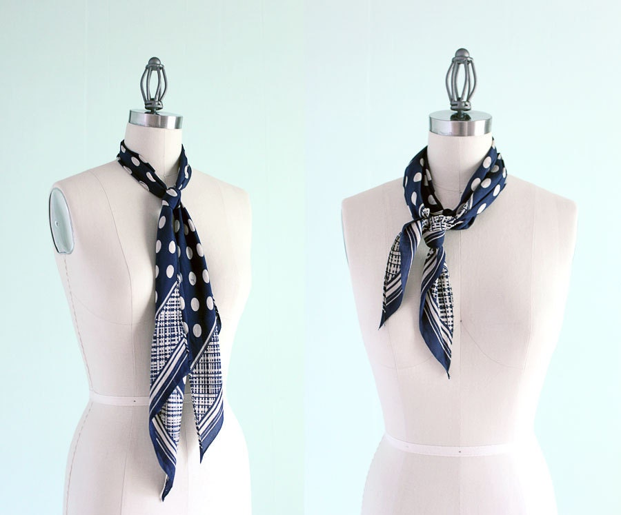 Long Polka Dot Ascot Scarf - Vintage 1960's - Navy White