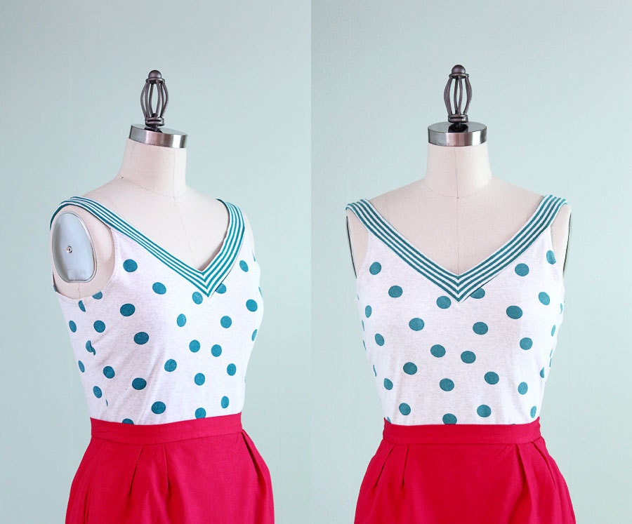 80's Vintage Deep V Neck Polka Dots Tank Top - Small Medium
