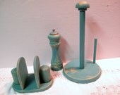 UPcycled Set/Wood Napkin Holder / Salt/Pepper Shakers / Matching Towel holder / Pepper Mill, Hand Painted  & Distressed Florence Aqua
