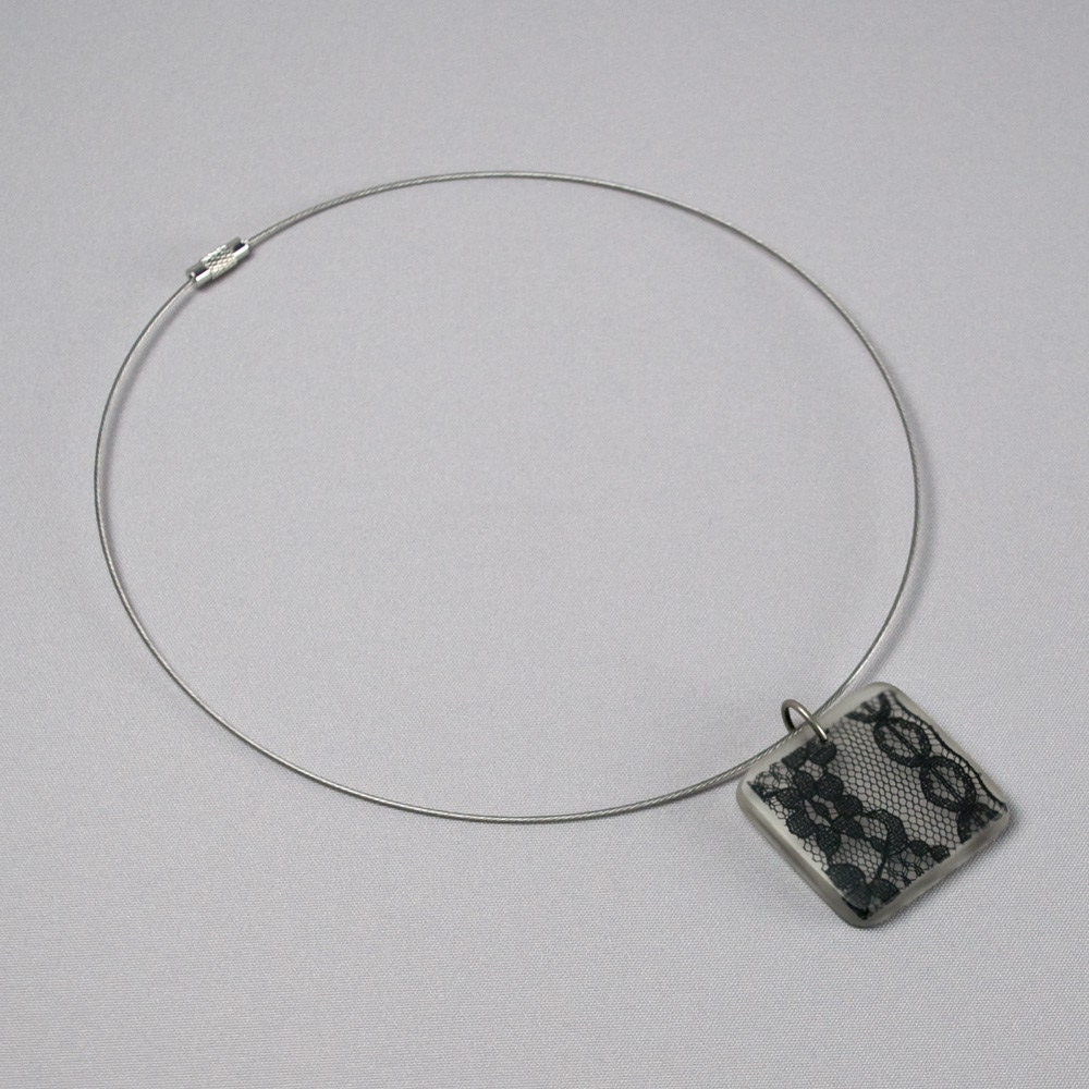 Handmade Black Lace Necklace Black Lace Resin Pendant on Silver Cable wire