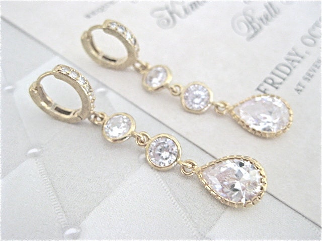 Vintage Cubic Zirconia Teardrop Gold Pave CZ  Earrings Bride Bridal Jewelry Wedding