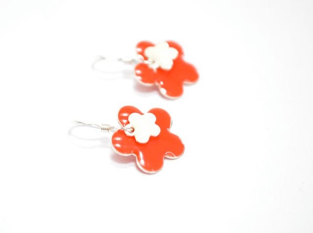 Red Flower Earrings, Valentines Day Jewelry, Girls Jewelry Red Roses, Minimalist, Sterling Silver, Dangle Earrings Give For Her Under 20