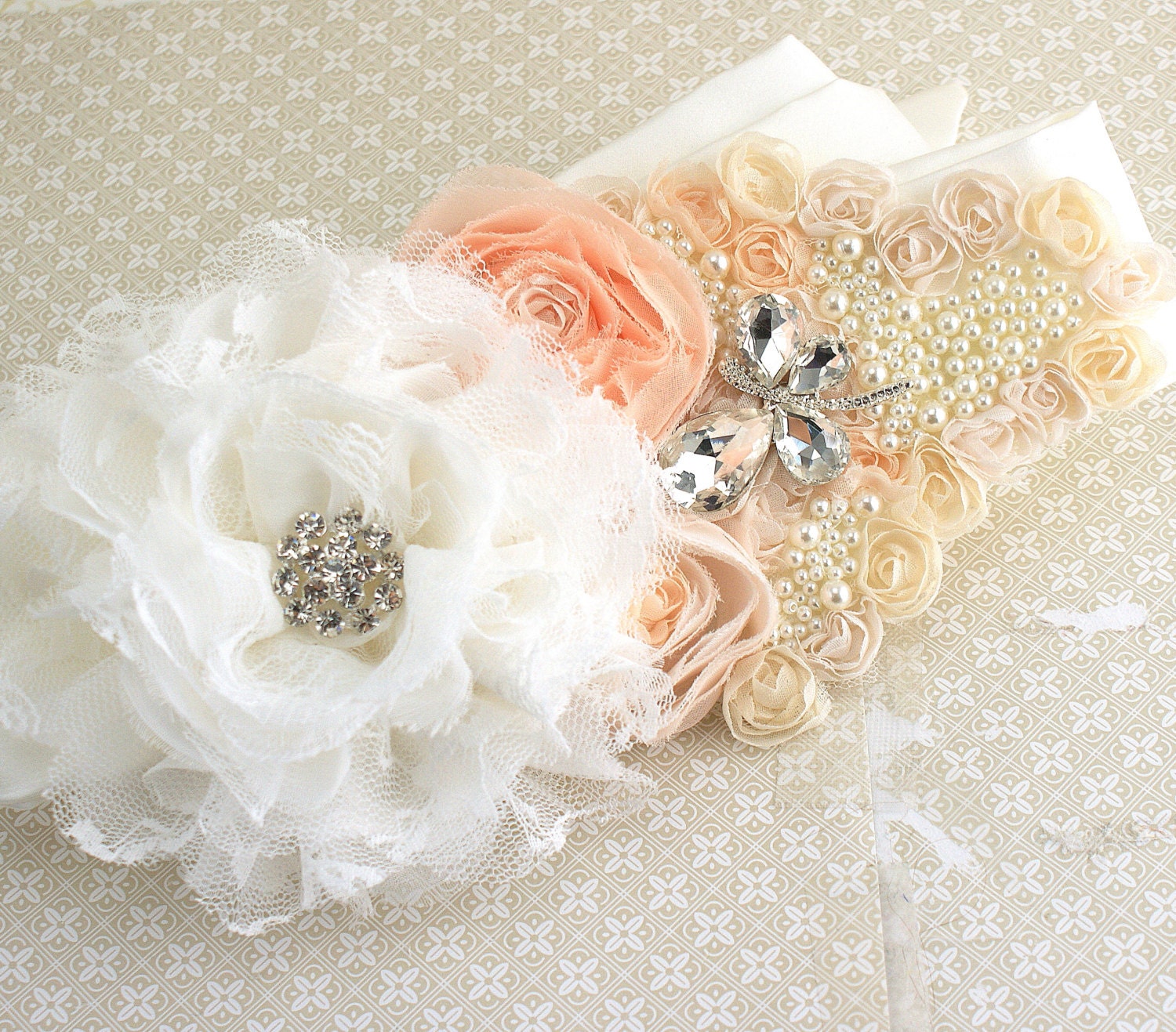 Bridal Sash- Wedding Sash in Ivory, Light Peach, Coral and Blush with Pearls and Crystal Brooch- Butterfly