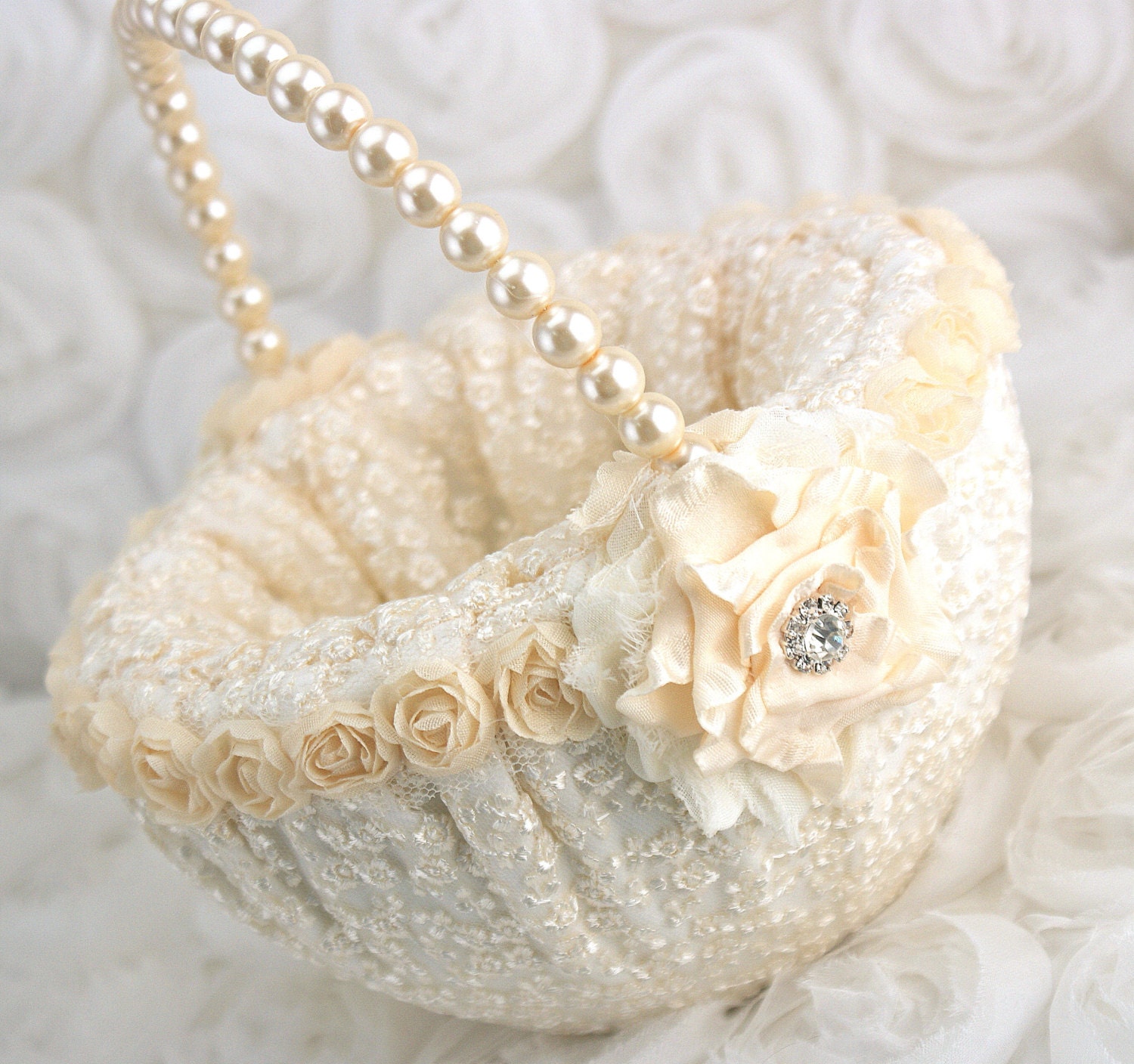 Flower Girl Basket - Bridal Basket in Ivory and Cream with Lace and Handmade Flowers- Vintage Touch