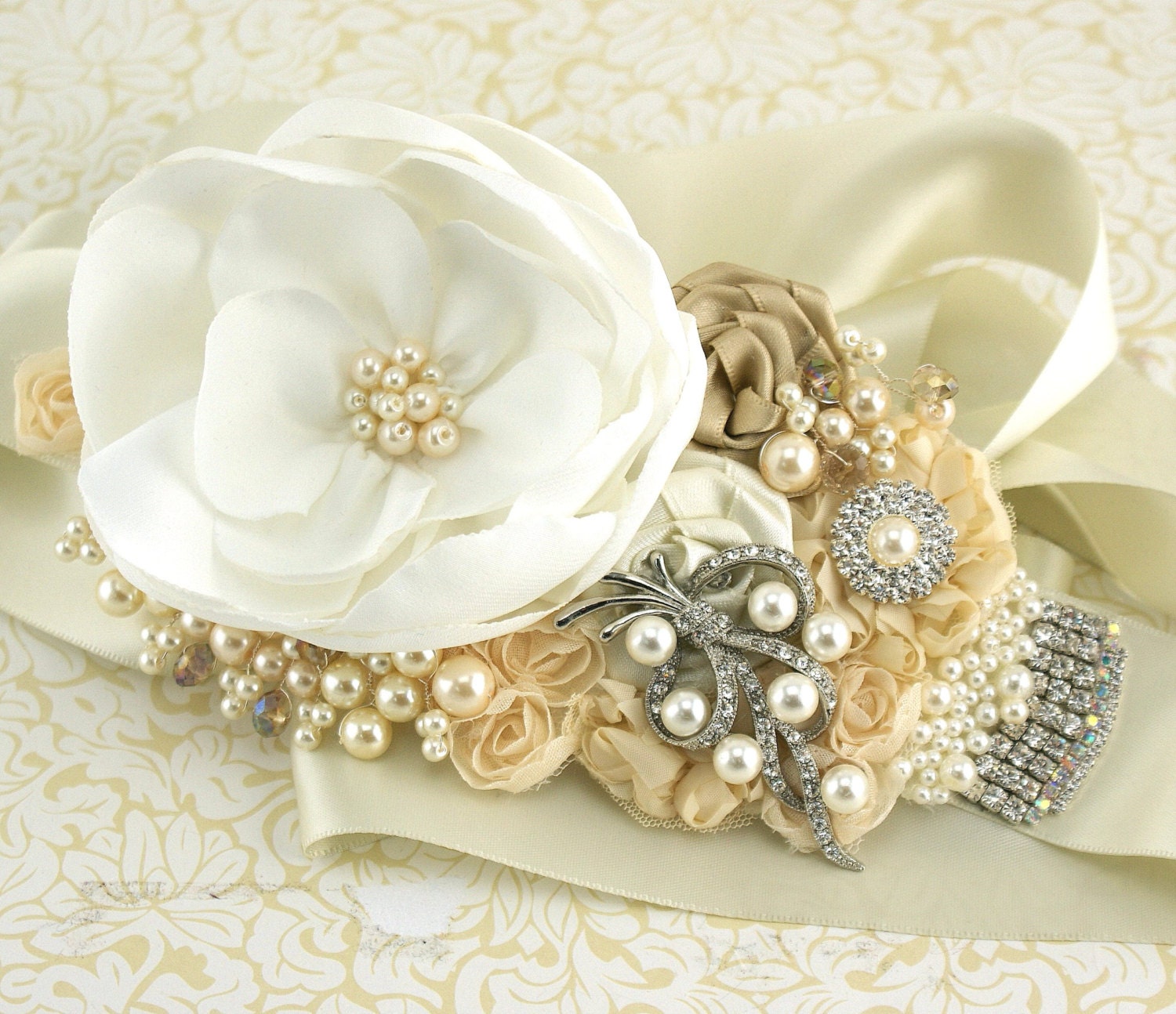 Bridal Sash Wedding Sash in Champagne and Ivory with Pearls, Brooch and Jewels