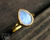 Gold Rainbow Moonstone Ring - June Birthstone Ring - Faceted Moonstone