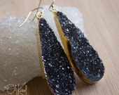 Gold Black Agate Druzy Teardrop Earrings - 14K Gold Fill - Black and Gold Glamour