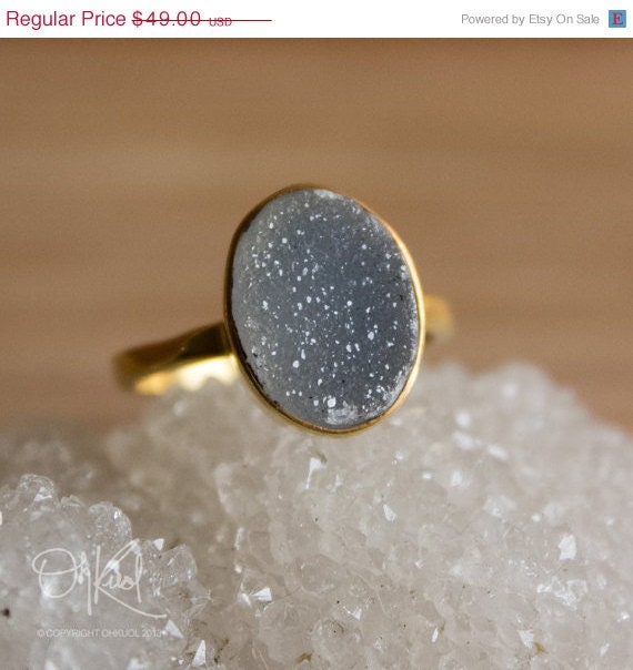 CLEARANCE SALE Gold Dark Grey Druzy Ring - Oval Stone Ring - Size 6.5 Ring