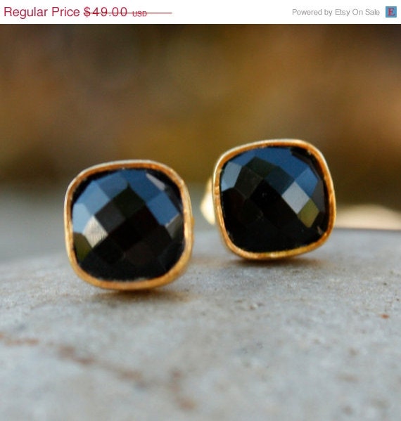 Memorial Day SALE Gold Black Onyx Stud Earrings - Square Studs - Minimalist, Neutral, Black and Gold