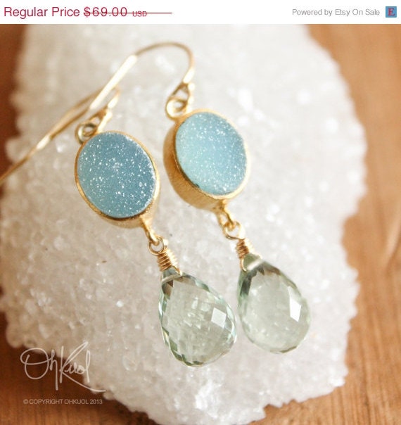 SALE 15 OFF Green Amethyst and Aqua Blue Druzy Earrings - 14K Gold Fill - A Summer Breeze