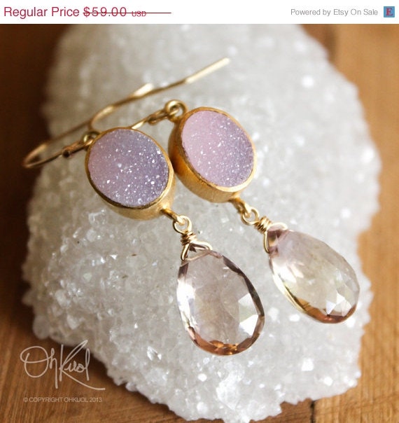 SALE 15 OFF Bonbon Pink Druzy and Purple Ametrine Earrings - Shades of Pink - 14K Gold Fill