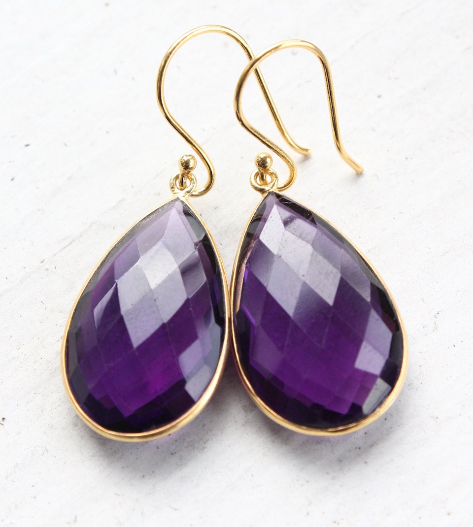 Gold Purple Amethyst Earrings - Quartz, Teardrops - Bridesmaids Earrings, Royal Purple