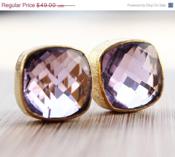 SALE 15 OFF Gold Purple Lavender Quartz Stud Earrings - Post Earrings - Lilac Purple