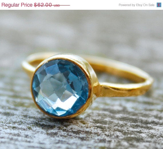 SALE 15 OFF Gold London Blue Quartz Ring - Round Cut - Stacking Ring, December Birthstone