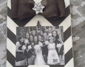 Rustic and Distressed Chocolate Brown and Cream Chevron Wood Board Frame with Chocolate Bow and Crystal Brooch and Mini Clothespin
