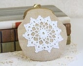 coin purse with vintage crocheted lace, linen