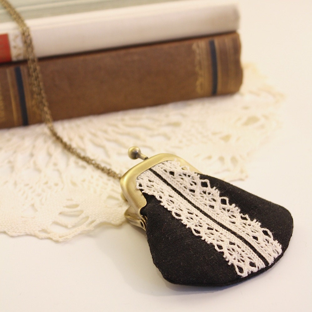 coin purse necklace, black with vintage lace trim
