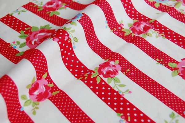 Half Yard "Red Stripe Rose" 100% Cotton Fabric Quilt