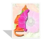 Greeting card with cat silhouette among bright summer flowers   Fantasy Cat  psychedelic cat  orange and pink  5x7 card