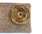Chocolate Brown Clutch Handbag with Gold Satin Flower