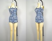 1950s swimsuit / 50s Catalina Halter Bullet Blue Floral Bathing Suit
