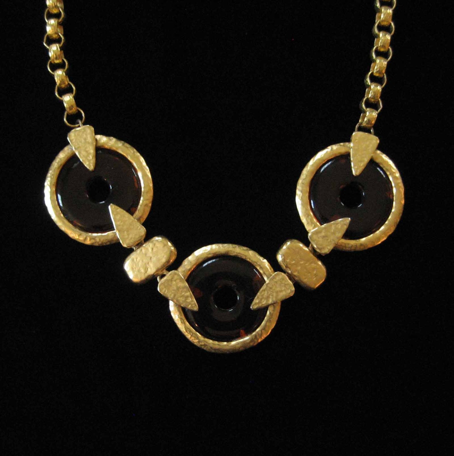 Carol Dauplaise Necklace, Tortoiseshell Lucite, Antiqued Gold