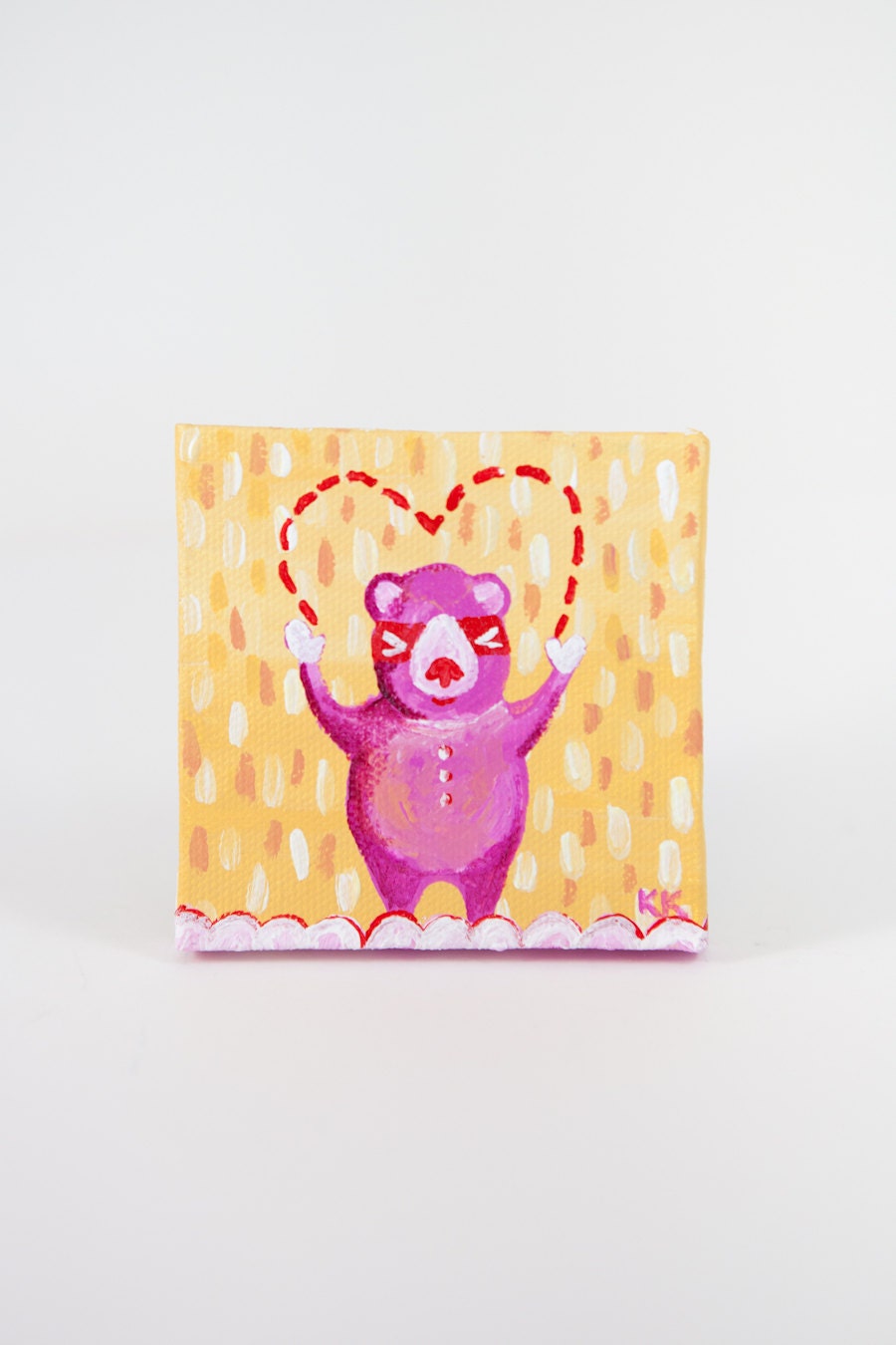 Bear Love Art, Miniature Painting, Whimsical Small Art, Heart, Yellow and Pink - Original Mini Painting by Kimberly Kling