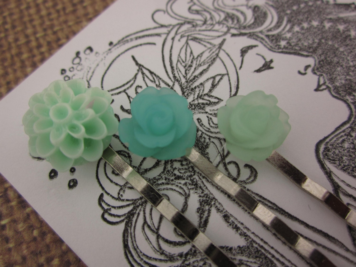 MINT Flowers Bobby Pin Set, Beaded flower hair pin, bridesmaid, flower girl, hair clip set