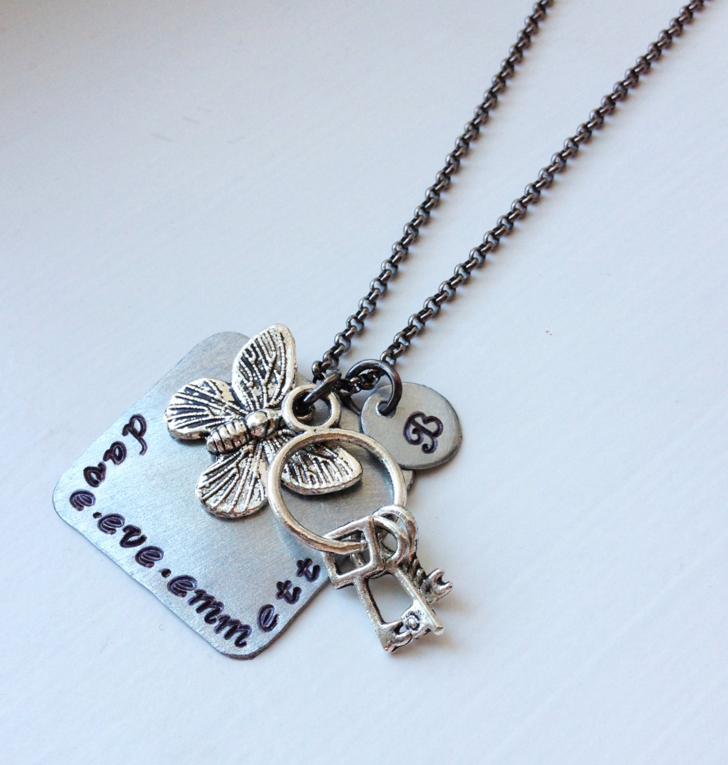 Stamped Custom Personalized Square Charm - Mom Unique Necklace - Butterfly Key Charms - Upcycled Metal Eco Friendly