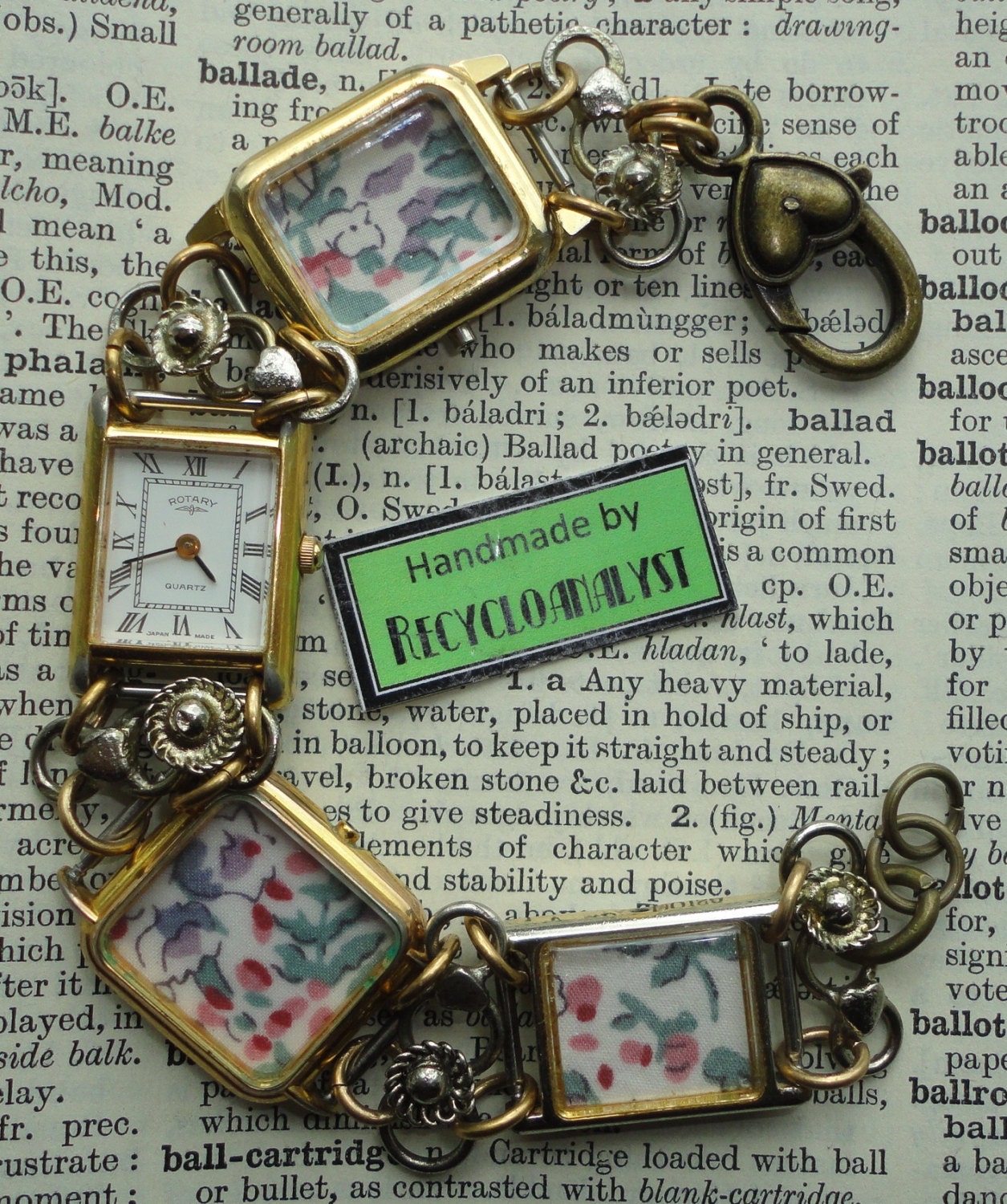 Handmade Recycled Watches Bracelet With Working Rotary Watch and Liberty of London Fabric, Unusual Eco Friendly Jewellery