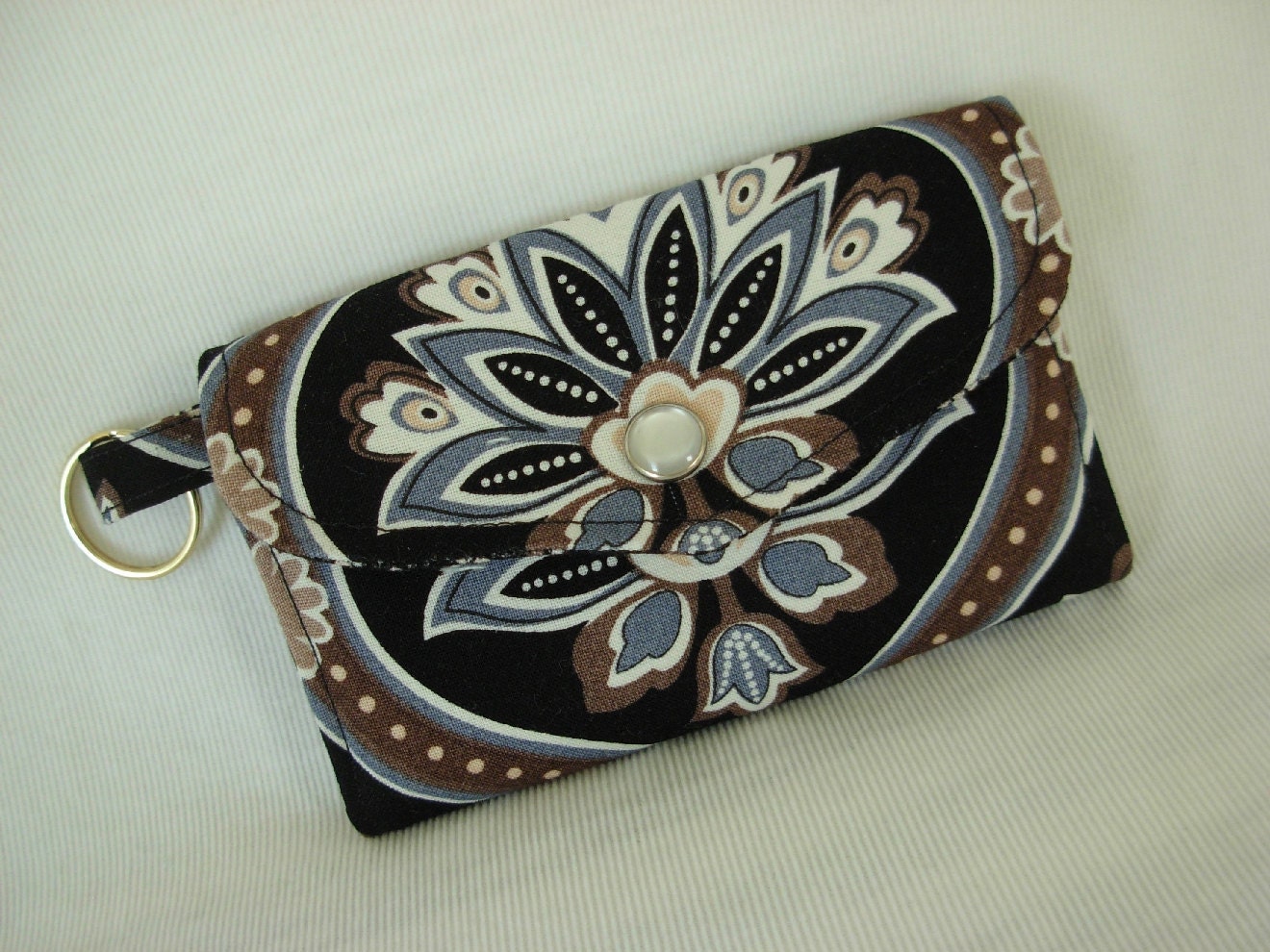 Mini Wallet Card Case Coin Purse Key Ring Black Brown Gray Floral