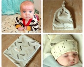 Pellerina Organic Cotton Swaddle Blanket with Top Knot hat..greige feathers & arrows .. made to order