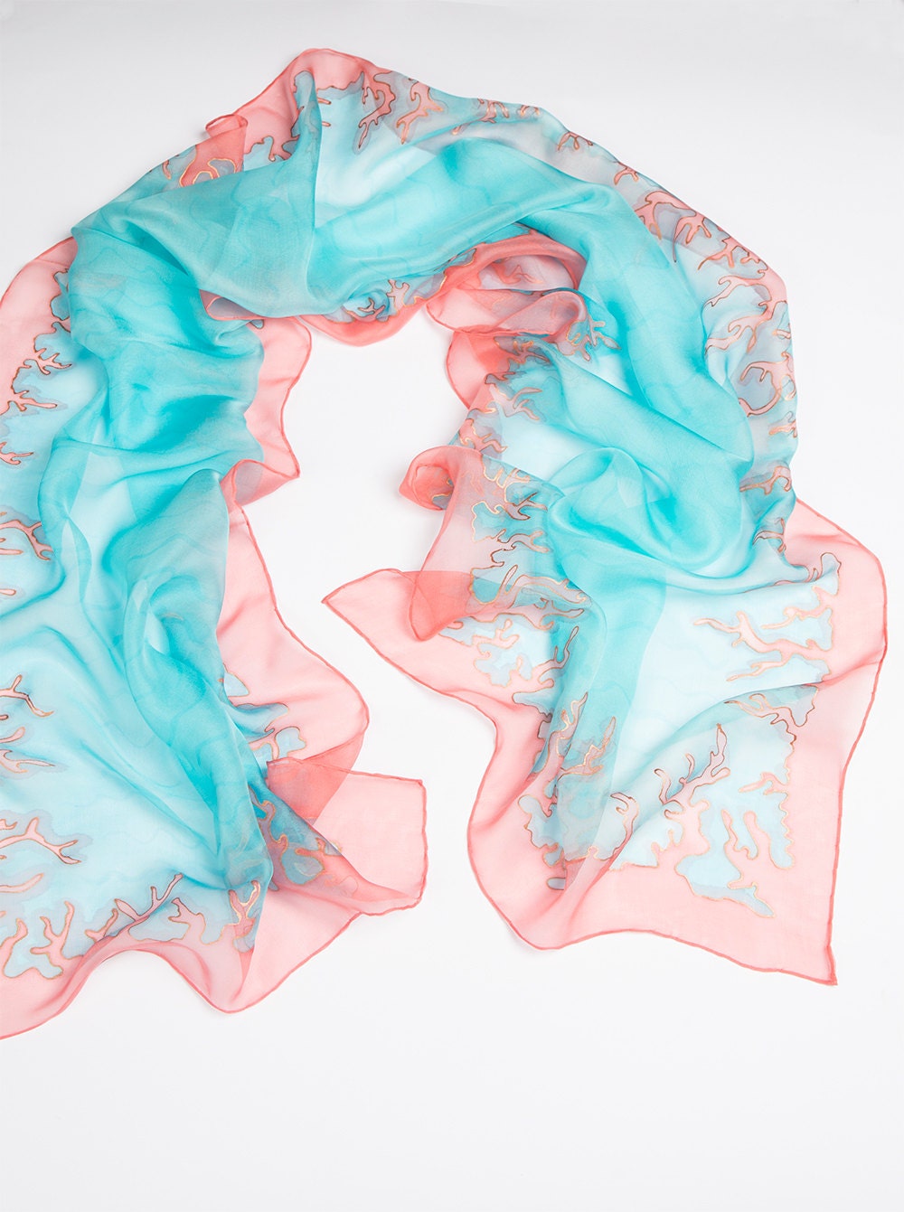 Hand Painted Light Pastel Silk Chiffon Scarf with Coral Reef Coral Red Blue 18 X 70 READY TO SHIP.