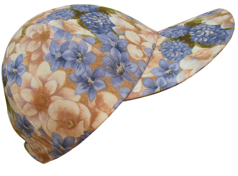 Serenade - Blue and Tan Pastel Floral Bouquet Spring Roses Flowers Ladies Cotton Cloth Baseball Cap Hat