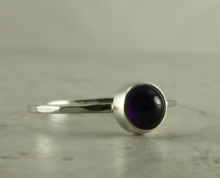 Amethyst Ring, Silver Hammered Band, Birthstone Ring