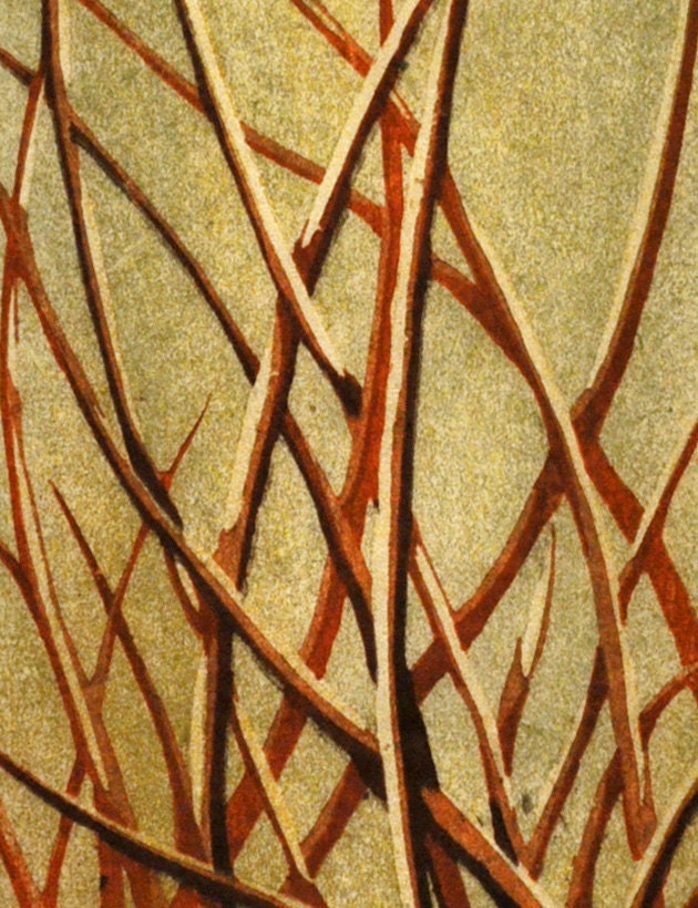 Original Hand Pulled Fine Art Woodblock Print - Grasses No. 3 OOAK Limited Edition Reduction Moku Hanga Print